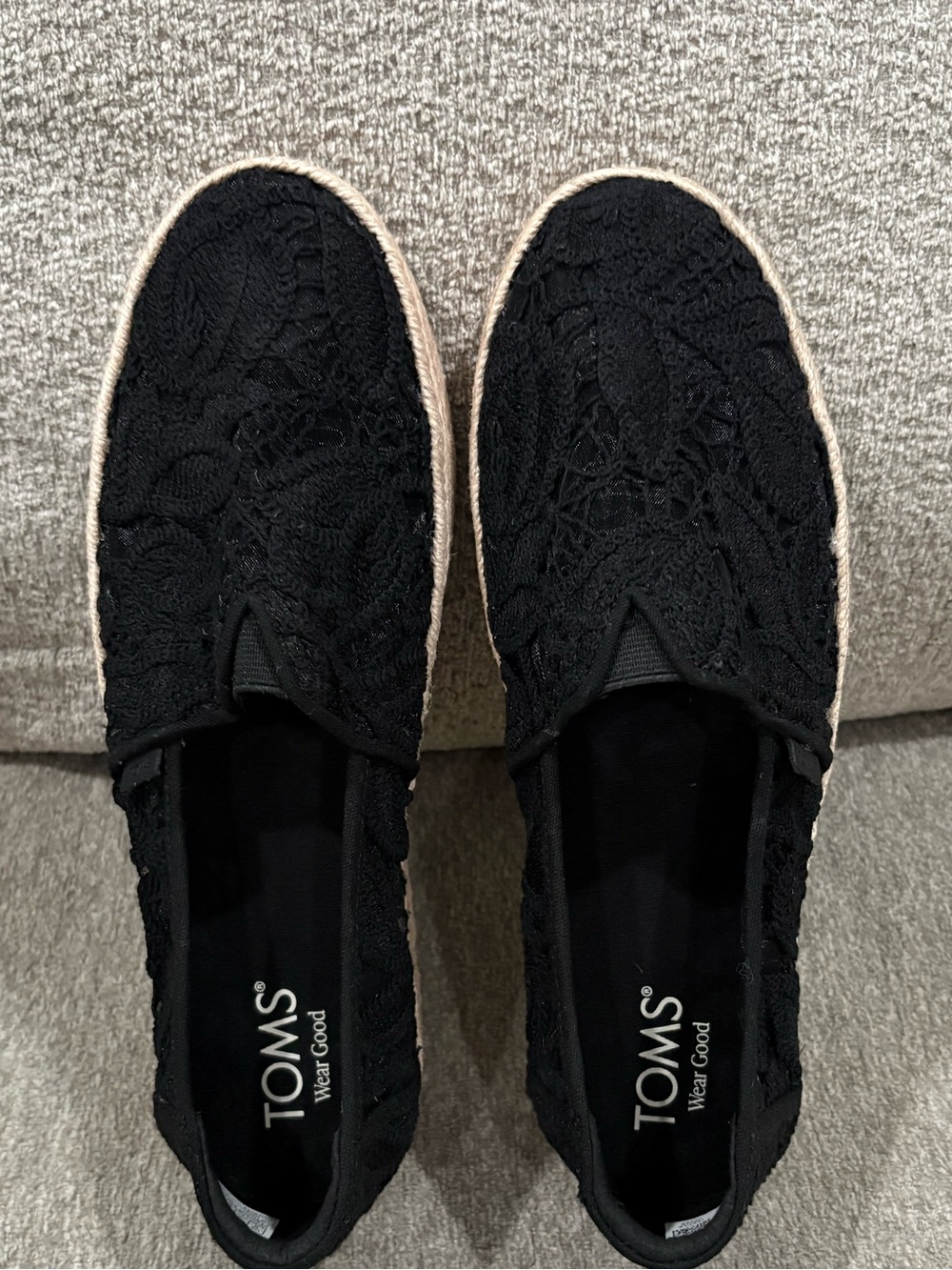 TOMS Black Lace Espadrille Slip-Ons Black Floral Crochet